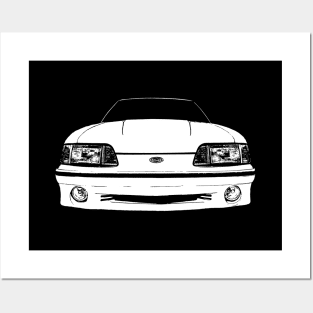 front Ford Mustang GT (fox body) - stylized white on dark background Posters and Art